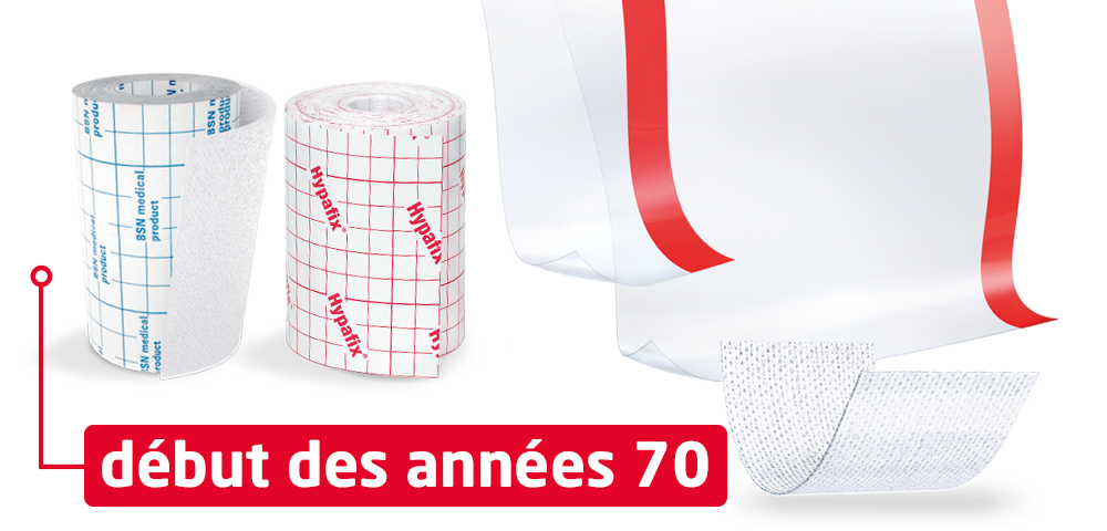 L’image montre deux exemples de matériel de fixation pour une zone plus large de Leukoplast ainsi qu’une estampille des années 1970.  L’image montre deux exemples de matériel de fixation pour une zone plus large de Leukoplast ainsi qu’une estampille des années 1970.